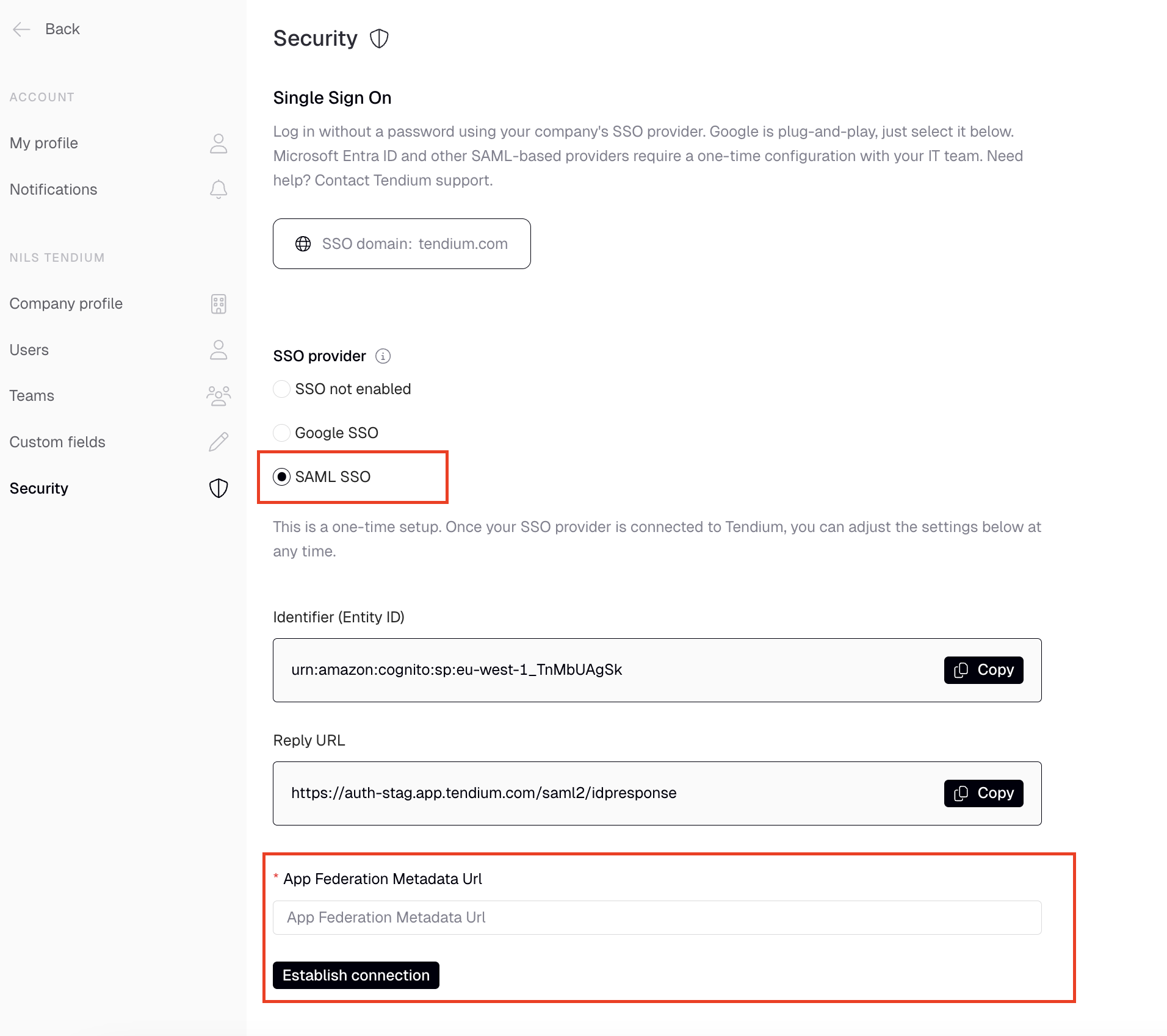 SAML SSO configuration fields in Tendium — Identifier, Reply URL, and App Federation Metadata URL