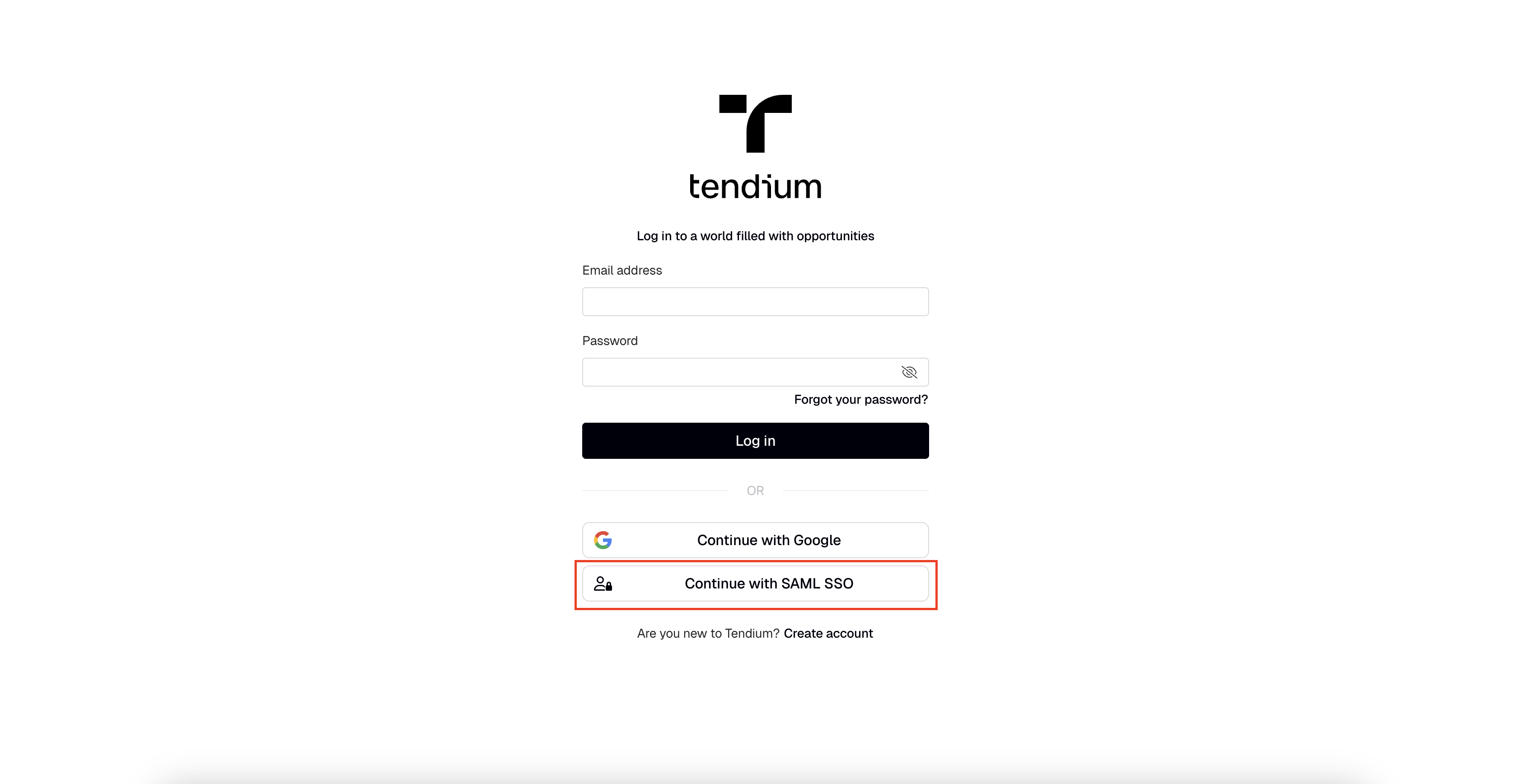 Tendium login page showing the Continue with SAML SSO button