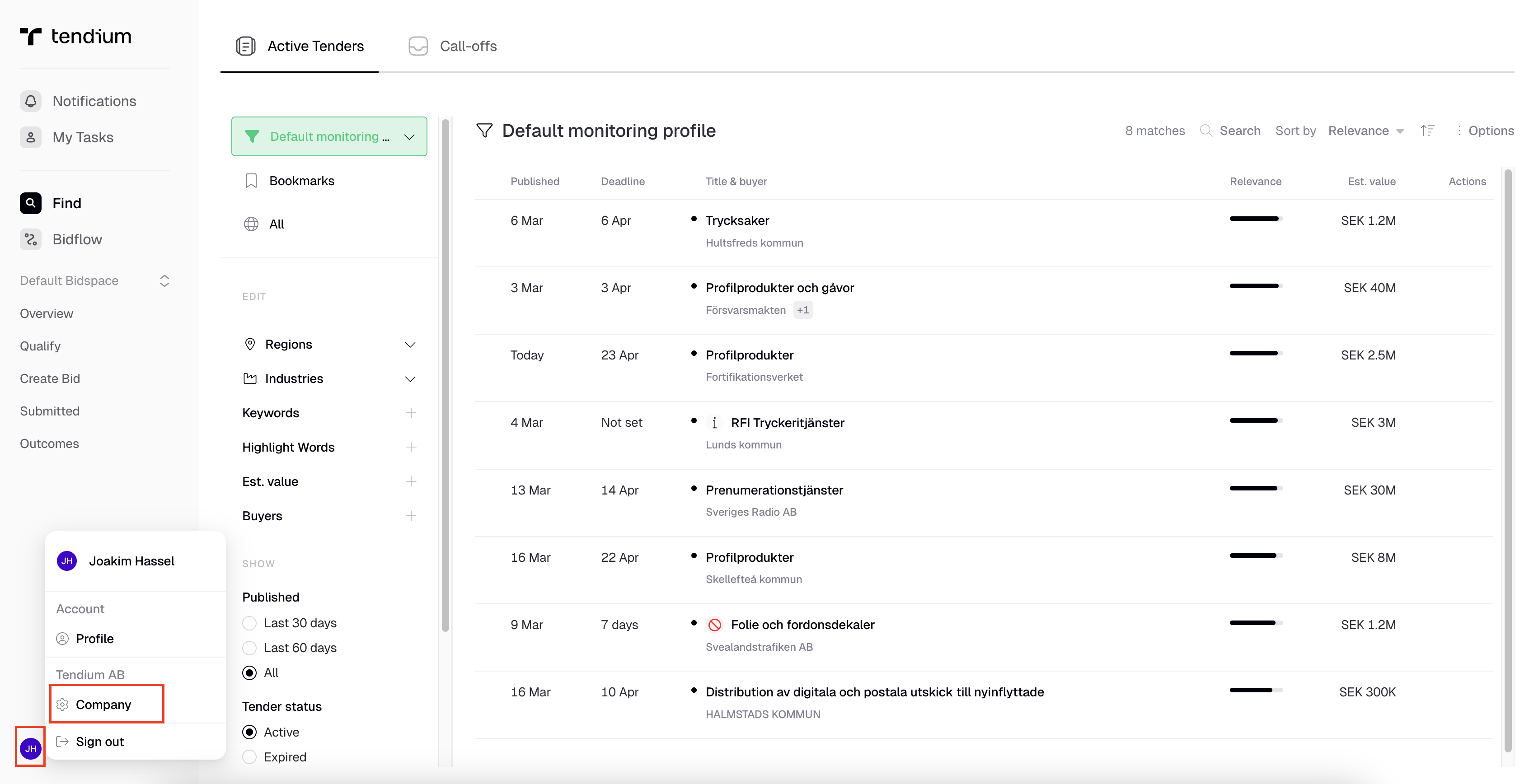 Navigate to Company settings in Tendium