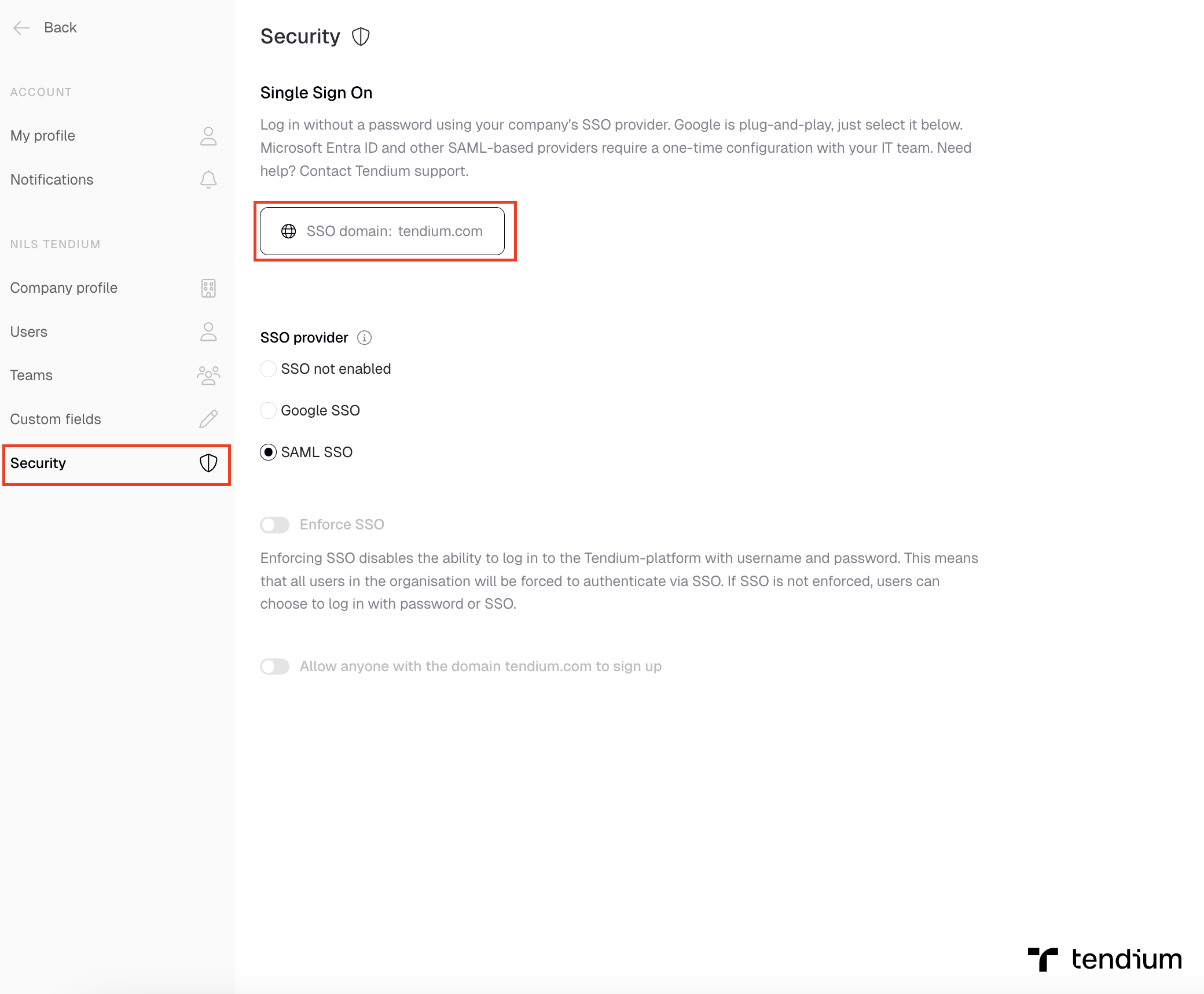 Security settings showing SSO domain and provider selection